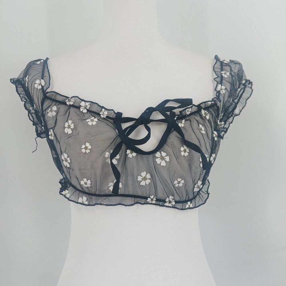 womens shein Black Sheer Floral Print Cami Bralette Top Size S